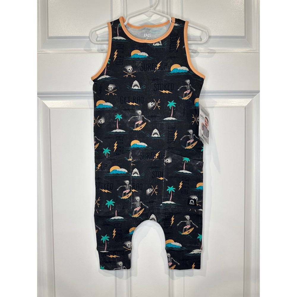Rags Kids Romper Size 2T Surf Skeleton Shark Palm Tree Skelly
